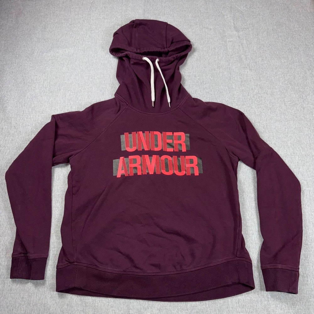 Under Armour Womens Medium Burgundy Funnel Neck Graphic Logo Pullover Hoodie